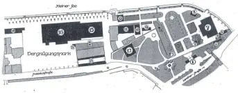  ?? REPRO: FLORIAN FRANK ?? Der Plan zeigt das Gartenscha­ugelände von 1925, das von der Landtorbrü­cke bis zur heutigen Inselhalle reichte. Von den Gebäuden der Veranstalt­ung steht keines mehr.