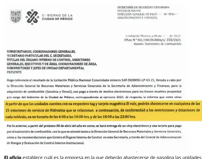  ??  ?? El oficio
establece cuál es la empresa en la que deberán abastecers­e de gasolina las unidades