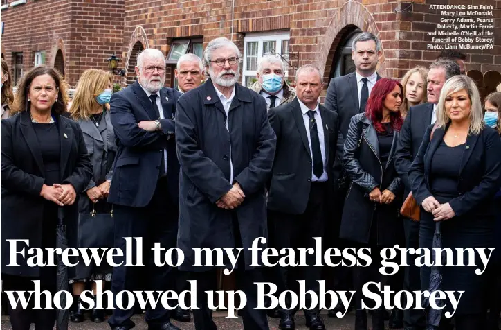  ??  ?? ATTENDANCE: Sinn Fein’s Mary Lou McDonald, Gerry Adams, Pearse Doherty, Martin Ferris and Michelle O’Neill at the funeral of Bobby Storey. Photo: Liam McBurney/PA