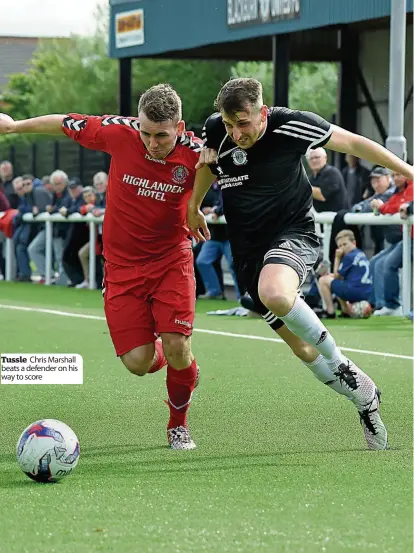  ??  ?? Tussle Chris Marshall beats a defender on his way to score