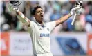  ?? Getty Images/Gareth Copley ?? Double ton: India batsman Yashasvi Jaiswal reaches his double century during the third Test against England at Saurashtra Cricket Associatio­n Stadium in Rajkot. /
