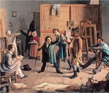  ??  ?? Wie Maler das Malen lehrten: Ateliersze­ne von Johann Peter Hasencleve­r.