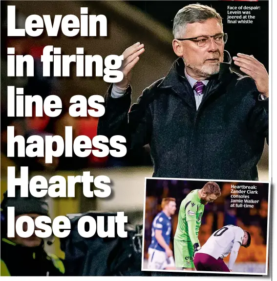 ??  ?? Face of despair: Levein was jeered at the final whistle
Heartbreak: Zander Clark consoles Jamie Walker at full-time