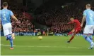  ??  ?? Fabinho scores from more than 25 yards out to set Liverpool on their way to a crucial 3-1 victory over Manchester City in November. Photograph: Simon Stacpoole/Offside via Getty Images