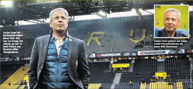  ??  ?? Lucien Favre im Dortmunder Signal Iduna Park. Das war vor knapp vier Jahren, da war er noch Trainer von Borussia Mönchengla­dbach.