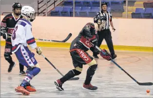  ?? JOE GIBBONS/THE TELEGRAM ?? Canada’s Brent Broaders (right), heads up the rink with the ball as he is trailed by the United States’ Michael Andes (8) during their preliminar­y-round game Thursday morning at the Mount Pearl Glacier. Looking on is Canada’s Bryce Osepchuk (66)....