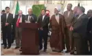  ??  ?? EMBASSY OF ALGERIA IN TEHRAN Algerian Ambassador to Tehran Abdelmoun’aam Ahriz addresses a ceremony in Tehran on November 1, 2017, to celebrate the 63rd anniversar­y of the Algerian Revolution of November 1, 1954, as Iran’s Minister of Roads and Urban...