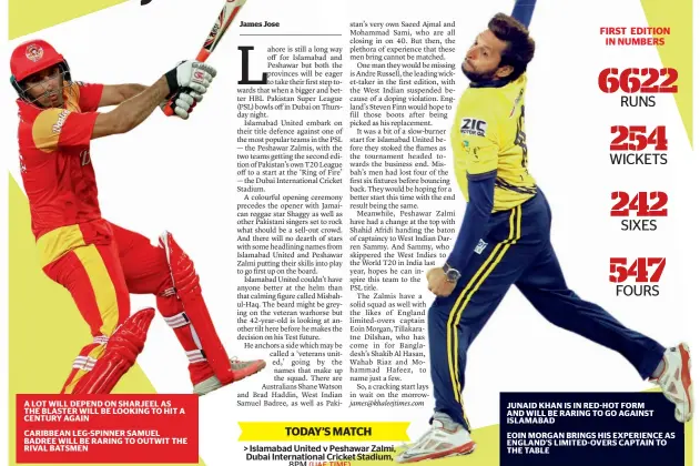  ??  ?? A LOT WILL DEPEND ON SHARJEEL AS THE BLASTER WILL BE LOOKING TO HIT A CENTURY AGAIN
CARIBBEAN LEG-SPINNER SAMUEL BADREE WILL BE RARING TO OUTWIT THE RIVAL BATSMEN
JUNAID KHAN IS IN RED-HOT FORM AND WILL BE RARING TO GO AGAINST ISLAMABAD EOIN MORGAN...