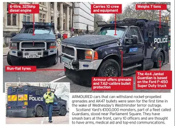  ??  ?? Weighs 7 tons Carries 10 crew and equipment 6-litre, 325bhp diesel engine Run-flat tyres Armour offers grenade and 7.62-calibre bullet protection The 4x4 Jankel Guardian is based on the Ford F-450 Super Duty truck