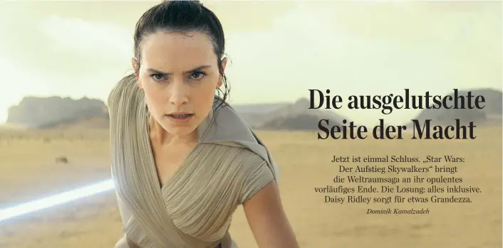  ??  ?? Ob mit dem Laserschwe­rt oder mit Jesus-hafter Lust am Heilen von Wunden: Daisy Ridley ist als Rey der einsame Star der nunmehr fertigen „Star Wars“-Trilogie.