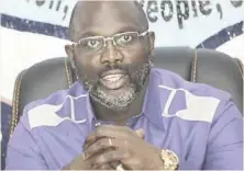  ?? (Photo by AFP) ?? Liberia’s President-elect Georges Weah speaks in the Liberian capital, Monrovia, December 30, 2017.