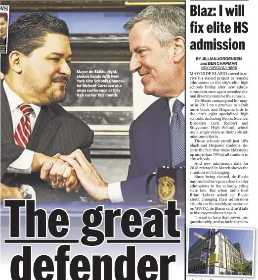  ??  ?? Mayor de Blasio, right, shakes hands with New York City Schools Chancellor Richard Carranza at a news conference at City Hall earlier this month.