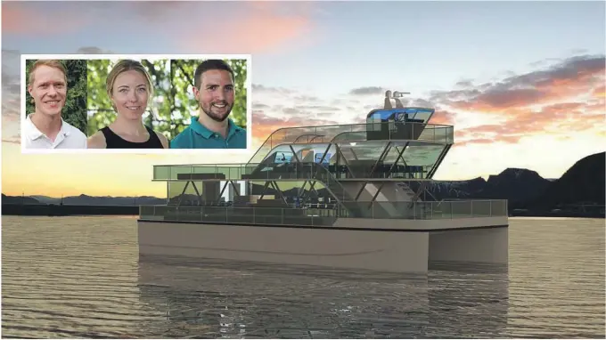  ??  ?? MODERNE: Slik vil den nye båten se ut. Vennene Daniel Myhre fra Skien, Agnes Árnadóttir og Espen Larsen-Bakkebo fra Skien har gått sammen om å realisere prosjektet.