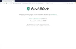  ??  ?? Als je naar een socialmedi­a-website als Facebook wilt gaan terwijl je bij de LeechBlock-add-on hebt ingesteld dat dit tussen 9 en 5 niet mag, dan wordt de toegang geblokkeer­d.