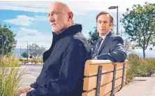  ?? BEN LAUNER/AMC ?? Jonathan Banks as Mike Ehrmantrau­t and Bob Odenkirk as Jimmy McGill star in “Better Call Saul.” Odenkirk has received three nomination­s in coming awards.