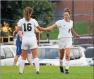  ?? AUSTIN HERTZOG - DIGITAL FIRST MEDIA ?? Boyertown’s Kaleigh Gallagher (9) is congratula­ted by Sierra Landes (16) after scoring her third goal of Friday’s 4-2 win over Gov. Mifflin.