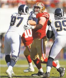  ?? Scott Strazzante / The Chronicle 2019 ?? Offensive lineman Daniel Brunskill said he was overcome with emotion as he ran on the field at the Los Angeles Memorial Coliseum in making his first NFL start against the Rams on Oct. 13.