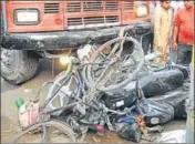  ?? PARDEEP PANDIT/HT ?? The truck that crushed bicycles and motorcycle­s before coming to a halt during a Ram Navami procession in Jalandhar.