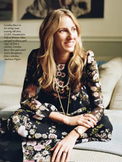  ??  ?? Carolina Bucci in her sitting-room, wearing silk dress, £1,815, Giambattis­ta Valli at Browns. Glass and gold necklaces; gold rings, all from a selection, Carolina Bucci. Rose gold watch (worn throughout), from a selection, Audemars Piguet Left: Venini vases on a Zanotta table. Below: Bucci wears cotton jumpsuit, £1,295, Roksanda. Glass and gold necklace; silk and gold bracelets; gold rings, all from a selection,Carolina Bucci