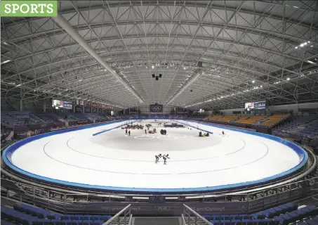  ?? Felipe Dana / Associated Press ?? Athletes from Japan practice at the Gangneung Oval during a speed skating training session Tuesday.