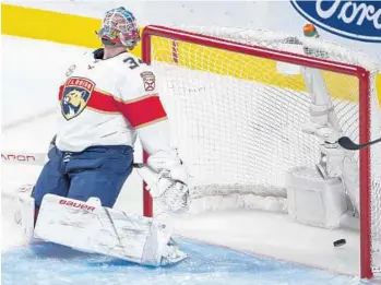  ?? RYAN REMIORZ/AP ?? Panthers goaltender James Reimer reacts after allowing a shot by Phillip Danault to elude him for the Canadiens’ second goal of the second period Tuesday night in Montreal.