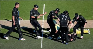  ??  ?? New Zealand players celebrate as prone Australian batsman Josh Hazlewood is run out short of his ground to hand victory to the Black Caps in Auckland a year ago.