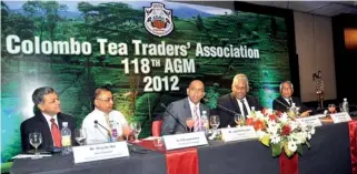  ??  ?? Secretary to the Treasury, Dr P.B Jayasundar­a (2nd from the left) flanked by tea blending hub advocates, Vice Chairman, CTTA, Niraj De Mel (far left) and Chairman CTTA, Jayantha Keragala, with Vice Chairman, CTTA, Lalith Obeyeseker­e (far right). Pic...