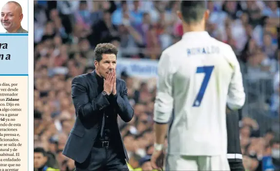 ??  ?? NO ACERTÓ. Simeone, pensativo, se lleva las manos a la cara justo delante de Cristiano Ronaldo.