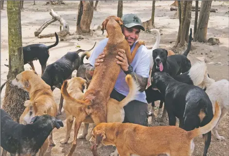  ?? (AP/Luis Andres Henao) ?? Ricardo Pimentel is greeted Oct. 13 by dogs he rescued at his Tierra de Animales (Land of Animals) shelter in Leona Vicario, Mexico. Pimentel sheltered about 300 dogs at his home during Hurricane Delta, and his story, which has gone viral, led people across the world to donate to the shelter.