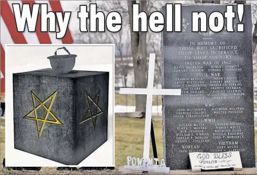  ??  ?? PENT’ UP ANGER: This cube will be erected by The Satanic Temple at a war memorial in Belle Plaine, Minn., after a resident cried bias over a cross already in place.