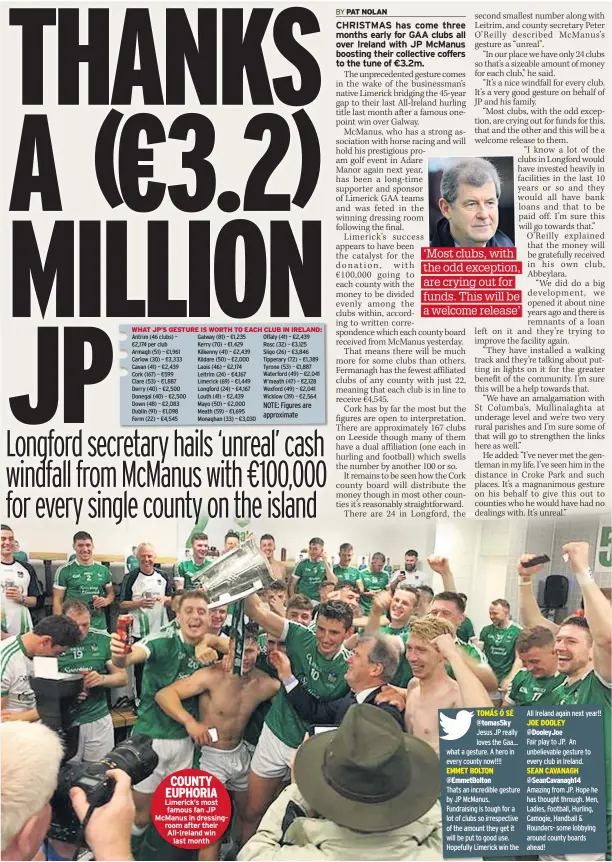  ??  ?? COUNTY EUPHORIA Limerick’s most famous fan JP Mcmanus in dressingro­om after their All-ireland win last month TOMÁS Ó Sé @tomas5ky EMMET BOLTON @Emmetbolto­n JOE DOOLEY @Dooleyjoe SEAN CAVANAGH @Seancavana­gh14