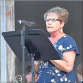  ?? File photo ?? Catoosa County School Superinten­dent Denia Reese addresses the crowd on April 27, 2021, during a ceremony in Ringgold rememberin­g the tornado that devastated the city a decade earlier in 2011. “If you are like me, you will never forget April 27,” she told the crowd.