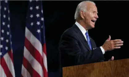  ?? Photograph: Kevin Lamarque/Reuters ?? Joe Biden speaking during the Democratic convention. ‘His offer of hope and light is well crafted for such dark times.’