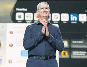  ?? APPLE INC. VIA GETTY IMAGES FILE PHOTO ?? Tim Cook, 59, said he plans to give most of his fortune away and has already gifted millions of dollars worth of Apple shares. His wealth could be lower if he’s made other undisclose­d gifts.