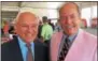  ??  ?? U.S. Rep. Paul Tonko, D-Amsterdam, left, and Tim Mabee, right, helped usher in the 2018 Saratoga Race Course meet on Friday.