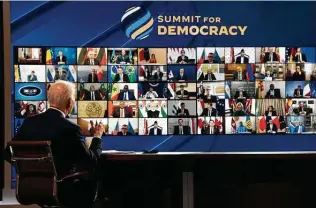  ?? Doug Mills / New York Times ?? President Joe Biden delivers remarks at the virtual Summit for Democracy. The Internatio­nal Institute for Democracy and Electoral Assistance recently labeled the U.S. a backslidin­g democracy.