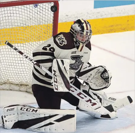  ?? CLIFFORD SKARSTEDT/EXAMINER FILE PHOTO ?? Peterborou­gh Petes goalie Hunter Jones blocks a shot against Sudbury Wolves during first period OHL action on Oct. 25 at the Memorial Centre.