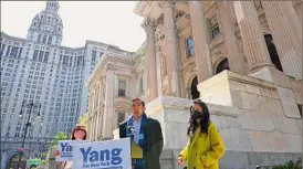  ?? Michael M. Santiago / Getty Images ?? New York mayoral candidate Andrew Yang talks at a news conference at Tweed Courthouse in Manhattan Tuesday in New York City.