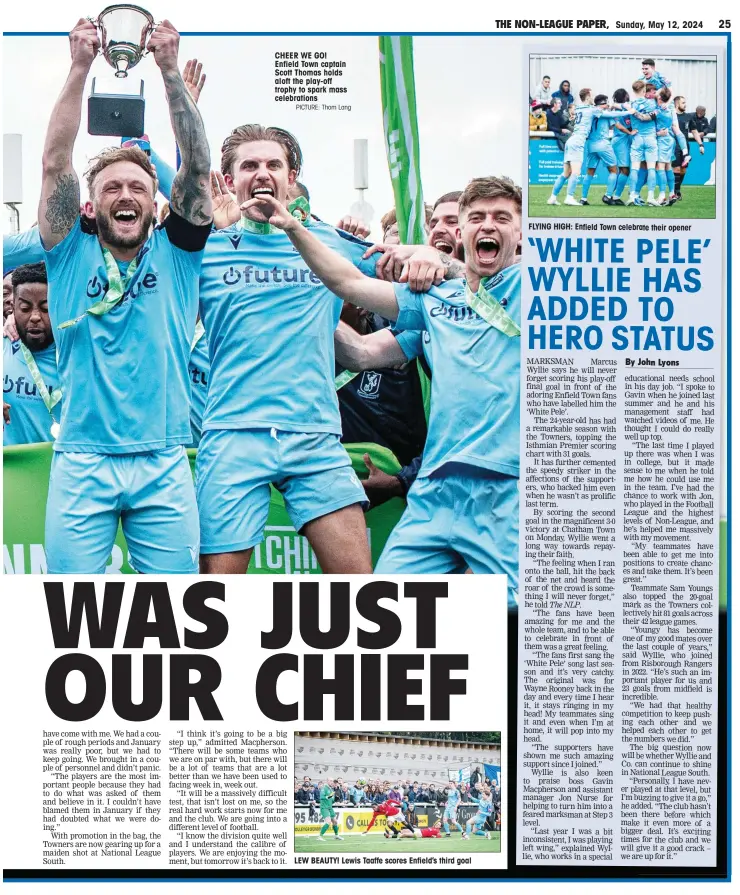  ?? PICTURE: Thom Lang ?? CHEER WE GO! Enfield Town captain Scott Thomas holds aloft the play-off trophy to spark mass celebratio­ns