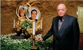  ?? ?? Mohamed Al Fayed standing beside a memorial to Diana, Princess of Wales, and his son Dodi in the Harrods store in Knightsbri­dge, London. Photograph: Eamonn McCabe/The