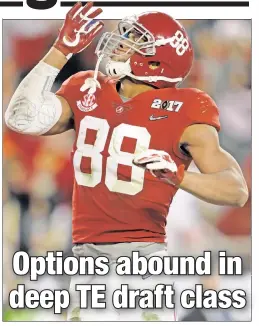  ?? Getty Images ?? BIG MAN ON THE BIG STAGE: Alabama tight end O.J. Howard, celebratin­g after scoring a touchdown in the National Championsh­ip game, could be a top draft target for the Giants.