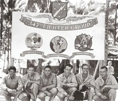  ??  ?? The 347th Fighter Group’s “wheels” on Middleburg in October 1944. From left to right: Maj. Leonard Shapiro, 68th FS C.O.; Maj. Don Lee, 67th FS C.O.; Lt. Col. Shelby England, 347th FG Executive Officer; Col. Leo Dusard, Group Commander; Lt. Col. Westbrook, Deputy C.O.; and Maj. John Endress, 339th FS C.O. England was later killed as a passenger in a C-47 accident. (Photo courtesy of Jack Cook)