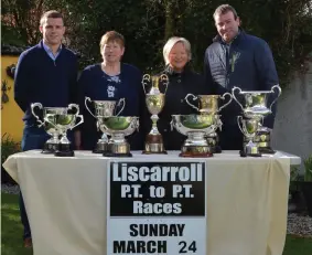  ??  ?? A lot of work has gone into the 2019 Liscarroll Point to Point by its organising committee which consists of (from left to right) Michael Purdon, PRO; Catherine Cantillon, treasurer; Siobhan Madden, secretary and Nigel Burton, chairman. On Sunday up to 80 volunteers will roll up their sleeves and help out.