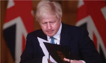  ?? Photograph: Hannah McKay/Reuters ?? Boris Johnson at Monday’s news conference. ‘The prime minister wants to give an impression thathe is up to the job, but the disaster of the last few weeks suggests he is not.’