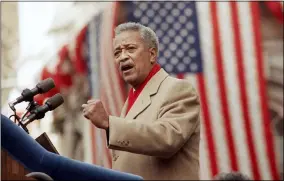  ?? FRANKIE ZITHS — THE ASSOCIATED PRESS FILE ?? David Dinkins delivers his first speech as mayor of New York, Jan. 2, 1990 in New York. Dinkins died Nov. 23. He was 93.