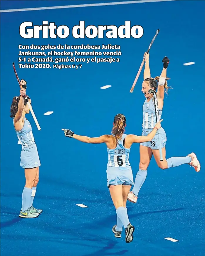  ?? (AP) ?? Para gritarlo con todas las ganas. “Juli” Jankunas, con la “28”, celebra su gol. El primero de la goleada en la final de los Panamerica­nos en Lima. La cordobesa hizo 11 tantos en el torneo.