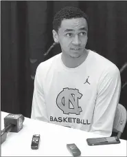  ?? AP/CHRIS SZAGOLA ?? North Carolina guard Marcus Paige speaks to reporters during a news conference Saturday. The Tar Heels will look to reach the Final Four for the 19th time when they take on Notre Dame today in the East Regional final.