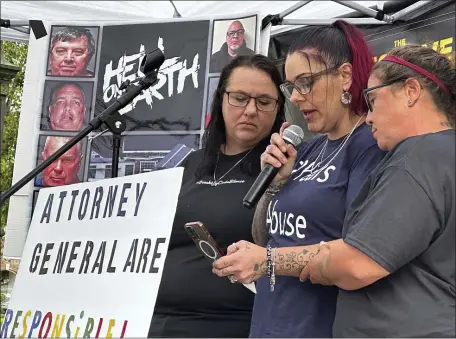  ?? HOLLY RAMER — THE ASSOCIATED PRESS ?? Corrine Moon, center, is comforted by other former residents of New Hampshire’s youth detention center as she speaks outside the Statehouse in Concord on Friday.