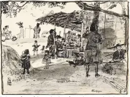  ??  ?? An image of one of the 18 sketches of everyday scenes by Indonesian artist S. Sudjojono, which offer a rare glimpse into the personal life of an artist known chiefly for his large heroic paintings.