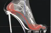  ??  ?? X-ray of a traditiona­lpump, right, shows in red outline toes crimping without arch support. Far right: A Joan Oloff shoe with blue outline shows arch and ball support, with the heel set back for stability.